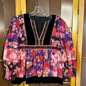 Johnny Was Jade cotton floral print and velvet mixed top.